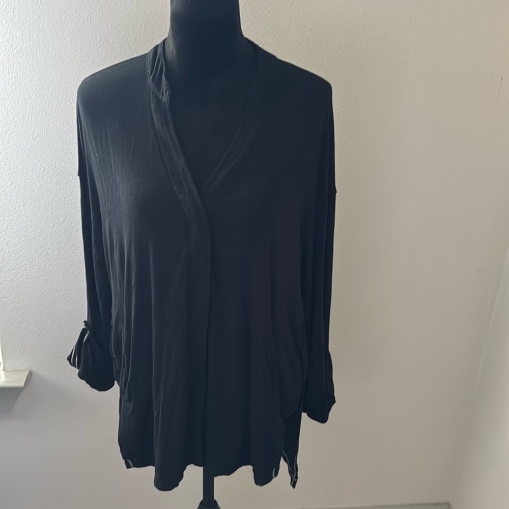 We the Free black press buttons relaxed shirt top tunic rolled sleeves Sz XS